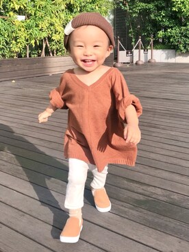 「息子」｜「アイテム（ニットキャップ/ビーニー）」を使った、🐝はち君🐝さん（キッズ・80cm）の秋コーディネート