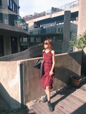 「Etam（エタム）のアイテム（ジャンパースカート、レッド系）」を使った、喵妹阿さん（レディース）の秋コーディネート