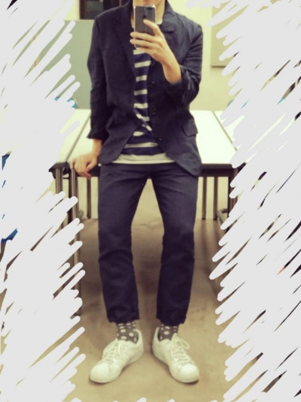 「no brandのLinen weather cloth set up jacket (navy)（テーラードジャケット、その他）」を使った、タコさん（メンズ・170cm）の秋コーディネートの1枚目の写真