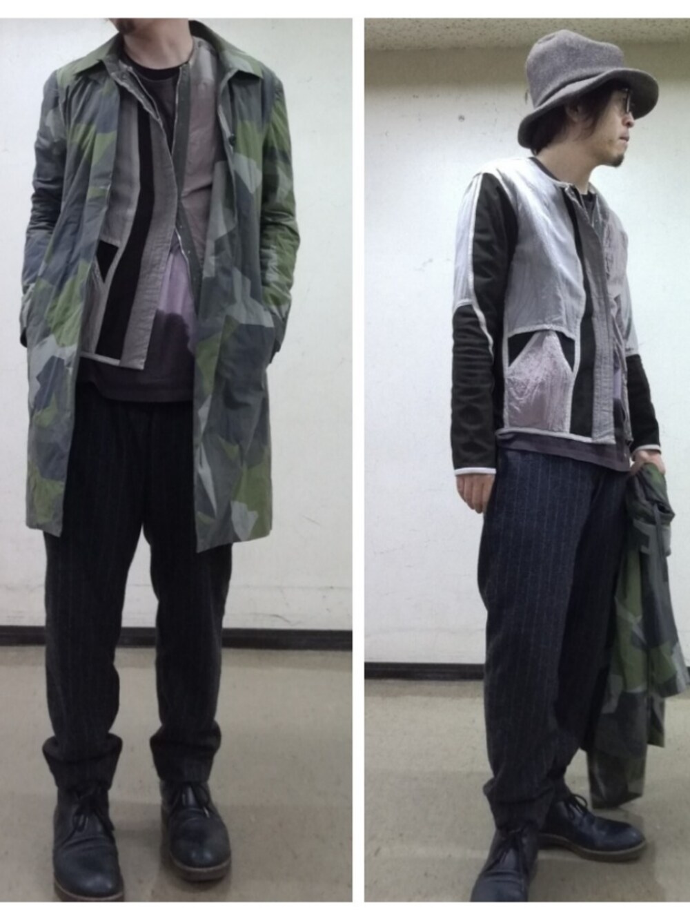 「革靴、ハット、めがね、カーキ、コート、ブルゾン、カモフラ、スラックス、ストライプパンツ、秋のコーデ」｜「KAZUYUKI KUMAGAIのアイテム（ステンカラーコート、その他）」を使った、タコさん（メンズ・170cm）の秋コーディネートの1枚目の写真