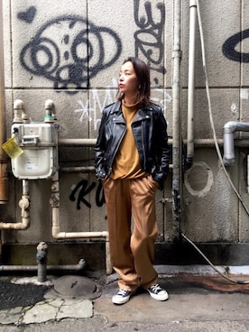 「ベロア」｜「アイテム（ライダースジャケット）」を使った、mayonseさん（レディース・161cm）の秋コーディネート