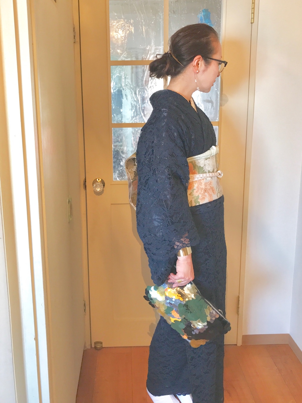「着物、レース着物 、着物アレンジ、卒業式、卒業式コーデ、きもの、きちんとスタイル、スパンコール、クラッチバッグ、ピンクリボン」｜「ZARAのアイテム（クラッチバッグ、グリーン系）」を使った、なるラムさん（レディース・160cm）の春コーディネートの1枚目の写真