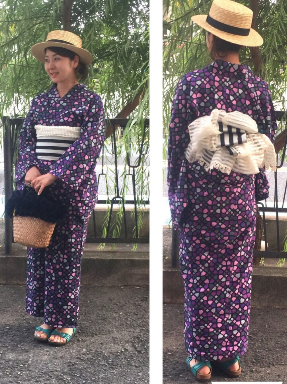 「浴衣、浴衣男子、浴衣アレンジ、カンカン帽、カゴバック、ふりふ、セルジュトラヴァル、サンダル、ピンクリボン、花火大会」｜「ふりふのアイテム（その他、シルバー系）」を使った、なるラムさん（レディース・160cm）の夏コーディネートの1枚目の写真