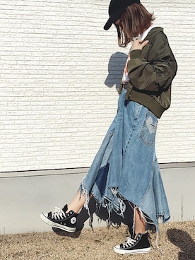 「リメイクデニム」｜「アイテム（ブルゾン）」を使った、masa-miさん（レディース・152cm）の春コーディネート