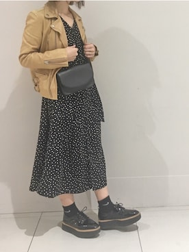 「ドットワンピ」｜「アイテム（ライダースジャケット）」を使った、masa-miさん（レディース・152cm）の春コーディネート