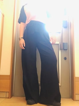 「EVRIS（エヴリス）のBACK EAGLEバイカラーTシャツ（Tシャツ/カットソー、ピンク系）」を使った、ビョンさん（レディース・156cm）の夏コーディネート