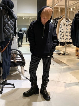 「ISAMU KATAYAMA BACKLASH（イサムカタヤマバックラッシュ）のアイテム（ブーツ）」を使った、Sさん（メンズ・160cm）の秋コーディネート