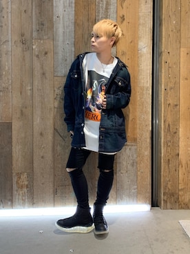 「ISAMU KATAYAMA BACKLASH（イサムカタヤマバックラッシュ）のアイテム（デニムジャケット）」を使った、Sさん（メンズ・160cm）の秋コーディネート
