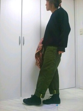 「MUVEIL  WORK のアイテム（休闲短裤、グリーン系）」を使った、Atsu さん（レディース・157cm）の冬コーディネート