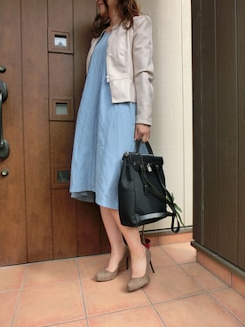 ワンピース ブルー系 を使った 革ジャン の人気ファッションコーディネート Wear