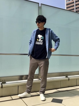 「PEANUTS（ピーナッツ）のアイテム」を使った、田中洋輝さん（メンズ・178cm）の春コーディネート