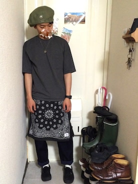 「LAD MUSICIAN（ラッドミュージシャン）のアイテム（ハンチング/ベレー帽）」を使った、くろごさん（メンズ・164cm）の春コーディネート