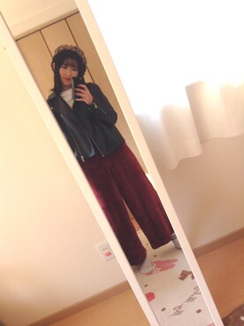 「ライタースジャケット」｜「アイテム（ハンチング/ベレー帽）」を使った、RINAさん（レディース・164cm）の冬コーディネート