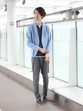 「シャツジャケット」｜「アイテム（スリッポン）」を使った、IZUMIさん（メンズ・181cm）の夏コーディネート