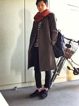 「バスクシャツ」｜「アイテム（その他アウター）」を使った、あがしさん（メンズ・168cm）の冬コーディネート