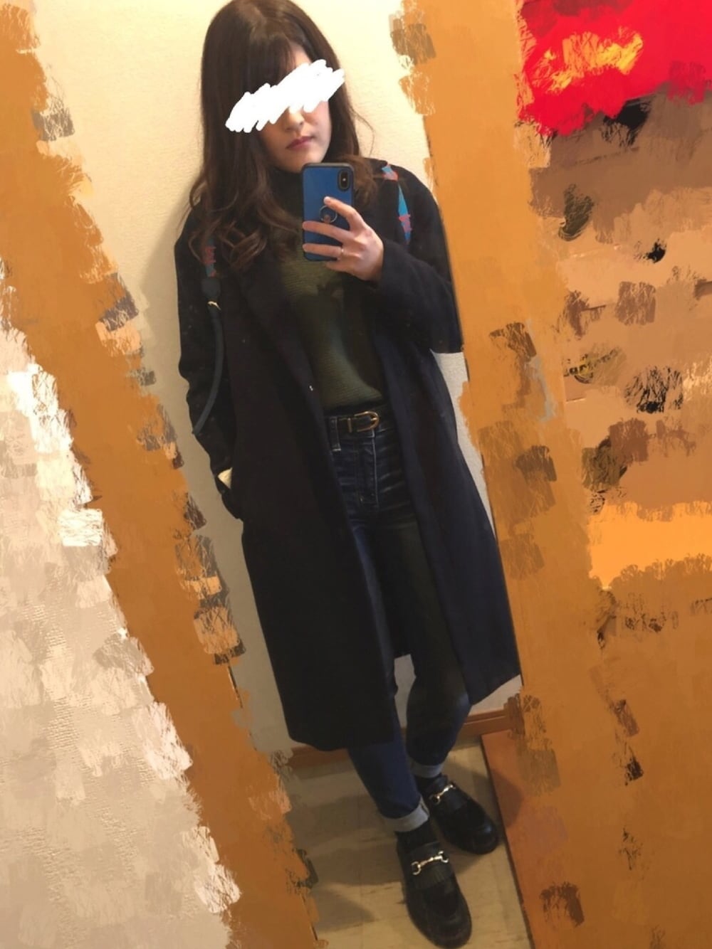 「大人カジュアル、チェスターコート、カーキニット、デニム、ローファー、Dr.Martens、MARC JACOBS」｜「niko and...のTRチェスターコート（チェスターコート、ブルー系）」を使った、あべちゃんさん（レディース・160cm）の冬コーディネートの1枚目の写真