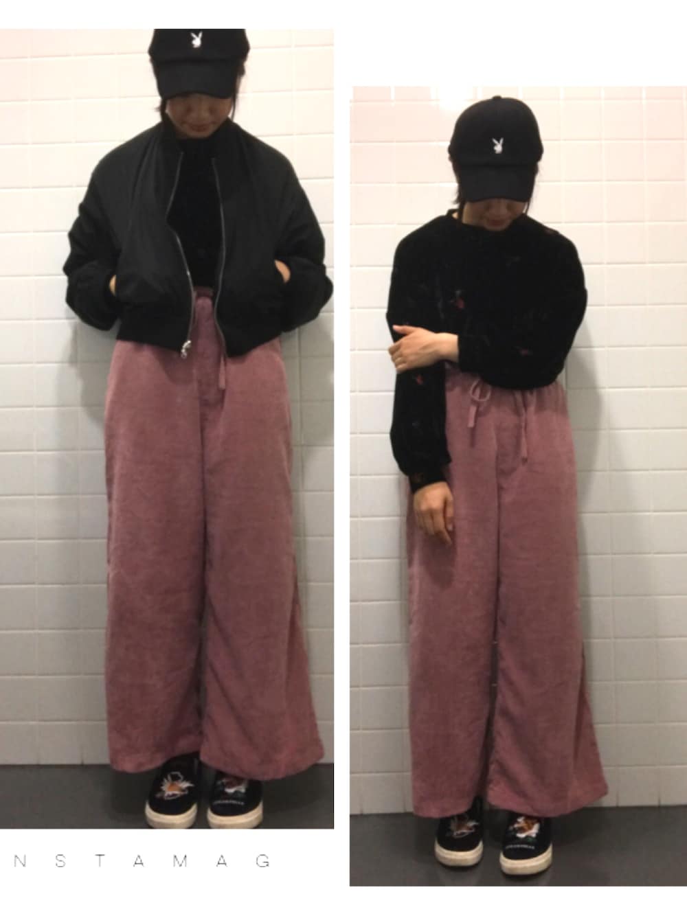 「ページボーイ(PAGEBOY)、ベロア、コーデュロイパンツ、ワイドパンツ、黒×ピンク、刺繍トップス、プレイボーイ、イーハイフンワールドギャラリー(E hyphen world gallery)、キャップ」｜「PLAYBOYの【PLAYBOY】刺繍ローキャップ（キャップ、ブラック系）」を使った、蜜柑さん（レディース・161cm）の春コーディネートの1枚目の写真