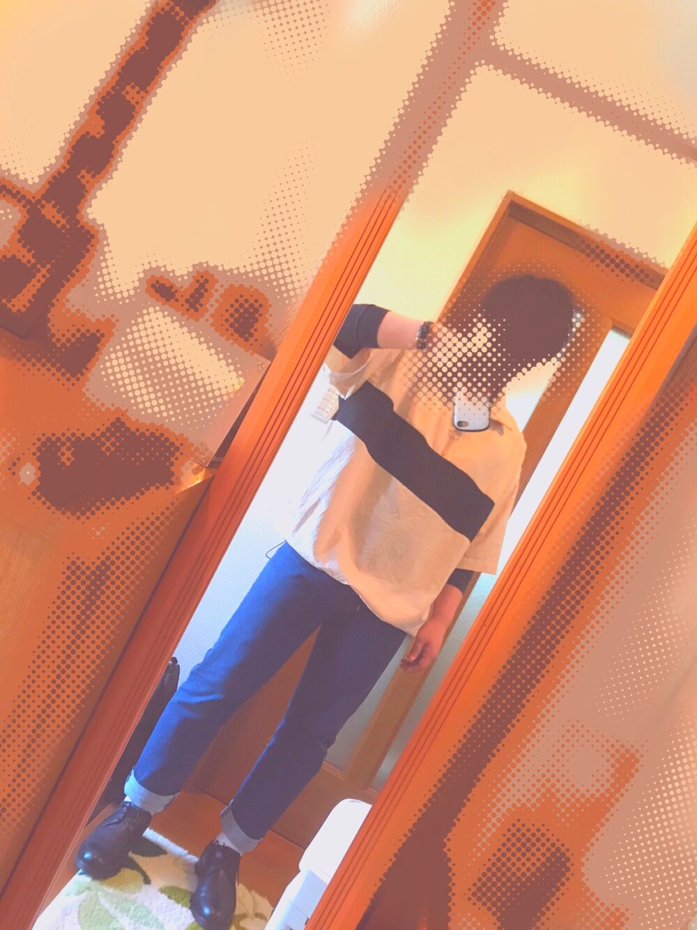 「春、カジュアル、UNIQLO、ビックシルエット、ハーフジップ、革靴、デニムパンツ」｜「kutirのHalf zip color PO / ハーフジップ配色ブロッキングプルオーバー（Tシャツ/カットソー、ベージュ系）」を使った、☆マサ☆さん（メンズ・162cm）の春コーディネートの1枚目の写真