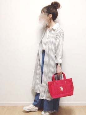 「アイテム（トートバッグ、レッド系）」を使った、i-waさん（レディース・153cm）の春コーディネート
