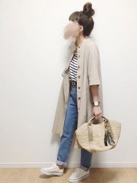 「ボーダートップス」｜「アイテム（チュニック）」を使った、i-waさん（レディース・153cm）の春コーディネート