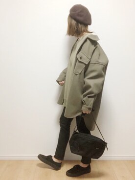 「スキニーデニム」｜「アイテム（カバーオール）」を使った、i-waさん（レディース・153cm）の冬コーディネート