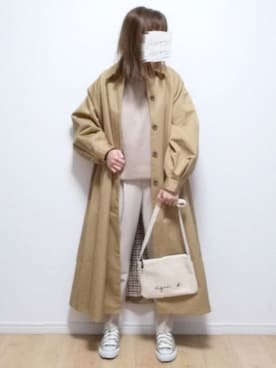 「春ニット」｜「アイテム（ステンカラーコート）」を使った、i-waさん（レディース・153cm）の冬コーディネート
