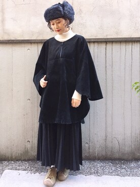 「古着コーデ」｜「アイテム（ポンチョ）」を使った、古着屋RAINBOWさん（レディース・155cm）の冬コーディネート