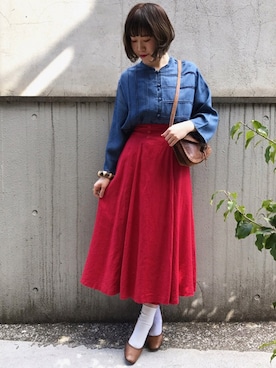 「赤いスカート」｜古着屋RAINBOWさん（レディース・155cm）の春コーディネート