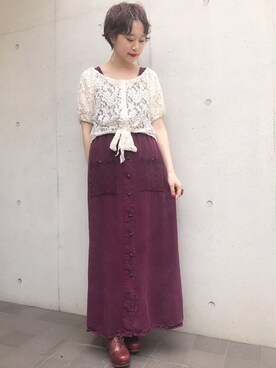 「アイテム（ジャンパースカート、パープル系）」を使った、古着屋RAINBOWさん（レディース・155cm）の春コーディネート