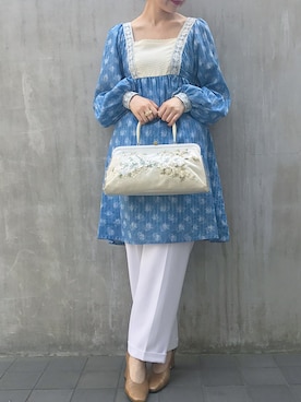 「アイテム（ワンピース、ブルー系）」を使った、古着屋RAINBOWさん（レディース・155cm）の夏コーディネート