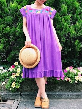 「アイテム（ワンピース/ドレス、パープル系）」を使った、古着屋RAINBOWさん（レディース・155cm）の夏コーディネート