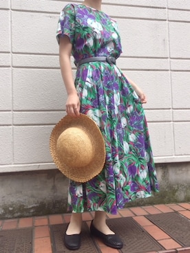 「アイテム（ワンピース/ドレス、パープル系）」を使った、古着屋RAINBOWさん（レディース・155cm）の夏コーディネート