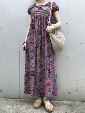 「アイテム（ワンピース/ドレス、パープル系）」を使った、古着屋RAINBOWさん（レディース・155cm）の夏コーディネート
