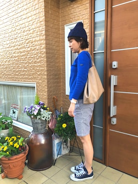 「ダブルディのアイテム（ニットキャップ/ビーニー、ブルー系）」を使った、かなさん（レディース・158cm）の春コーディネート