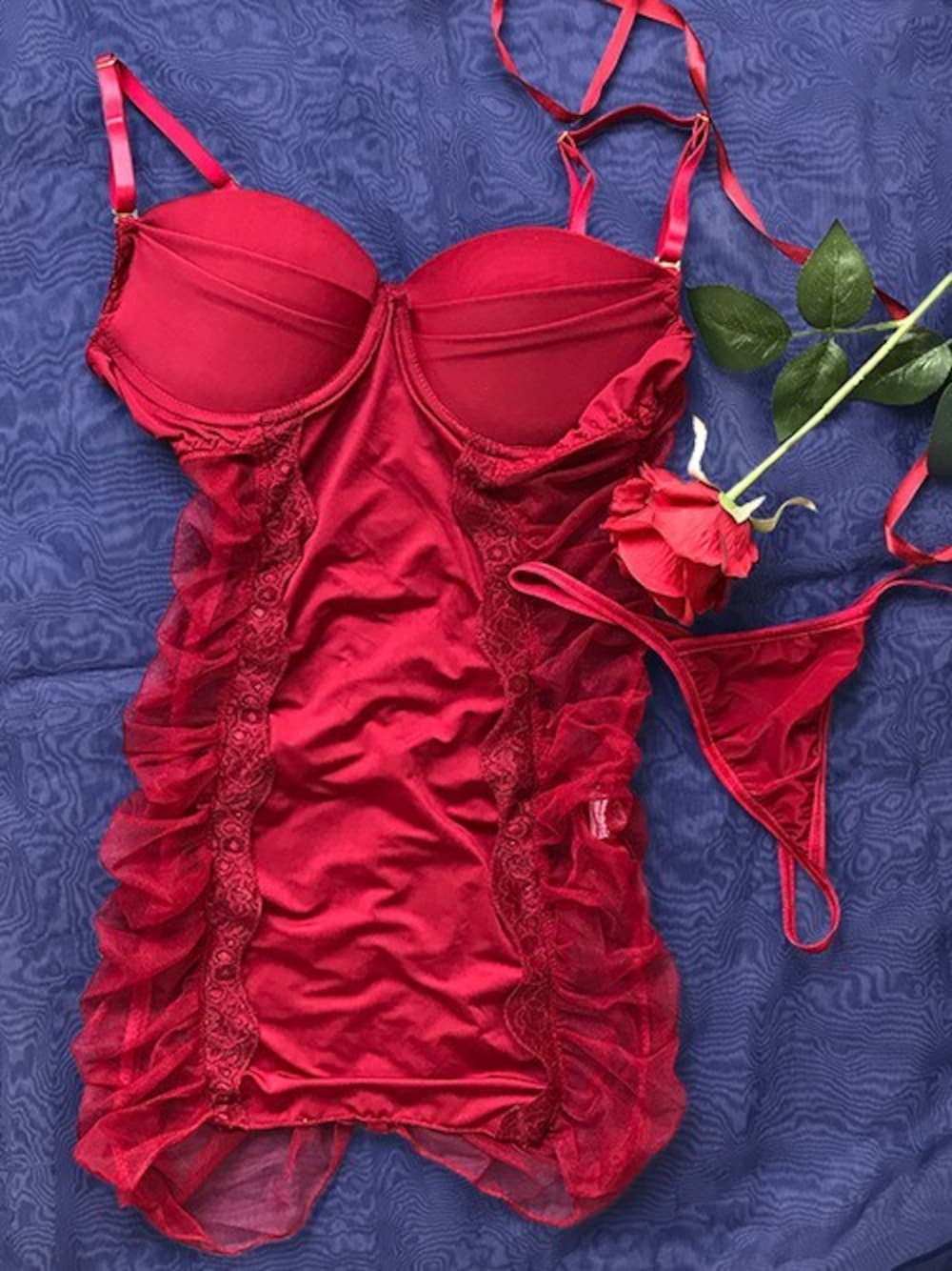 「ワンピース、花柄、レッド、プレゼント、バレンタイン、ギャザー、シースルー、ボディコン、セクシー、OSYAREVO」｜「OSYAREVOのサイドギャザー ブラワンピース ランジェリー（インナーウェア/肌着、レッド系）」を使った、OSYAREVOさん（レディース）の冬コーディネートの1枚目の写真