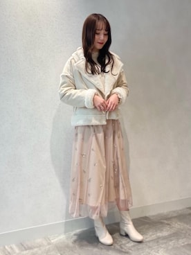 「ヘアアレンジ」｜「アイテム（ライダースジャケット）」を使った、マジェスティックレゴン横浜ジョイナス店スタッフさん（レディース・161cm）の冬コーディネート