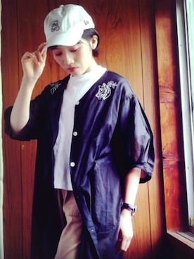 「白キャップ」｜「アイテム（シャツワンピース）」を使った、あかさん（レディース・154cm）の夏コーディネート