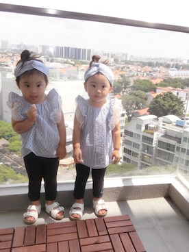 「GLOBAL WORK（グローバルワーク）の【キッズ】フリルソデプルオーバーノースリーブ/716883（シャツ/ブラウス、ブルー系）」を使った、himawari⑅︎◡̈︎*sanさん（キッズ・110cm）の夏コーディネート