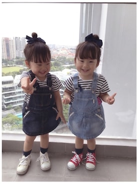 「petit main（プティマイン）のアイテム（Tシャツ/カットソー、ブラック系）」を使った、himawari⑅︎◡̈︎*sanさん（キッズ・110cm）の夏コーディネート