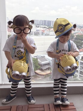 「UNIQLO（ユニクロ）のBABY レギンス（ワイドボーダー・10分丈）（その他パンツ、ブラック系）」を使った、himawari⑅︎◡̈︎*sanさん（キッズ・110cm）の夏コーディネート