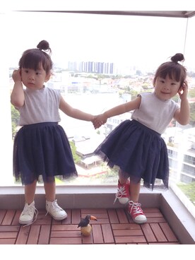 「H&M（エイチ・アンド・エム）のアイテム（スカート）」を使った、himawari⑅︎◡̈︎*sanさん（キッズ・90cm）の秋コーディネート