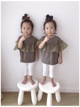 「petit main（プティマイン）のフリル付き半袖Tシャツ（Tシャツ/カットソー、グリーン系）」を使った、himawari⑅︎◡̈︎*sanさん（キッズ・110cm）の秋コーディネート