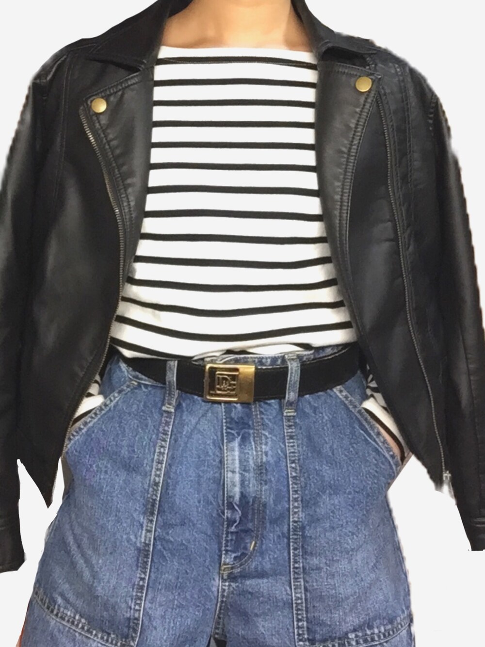 「ootd、シンプルコーデ、ラクチンコーデ、ボーダー、ライダース、無印良品、GU」｜「AS KNOW AS plusのアイテム（ライダースジャケット、ブラック系）」を使った、miiさん（レディース・160cm）の春コーディネートの1枚目の写真