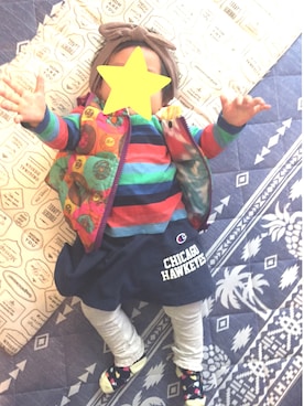 「アイテム（ダウンベスト、その他）」を使った、wakabaさん（キッズ・70cm）の秋コーディネート