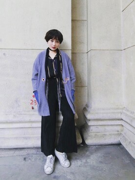 「DIESEL（ディーゼル）のアイテム（ノーカラージャケット）」を使った、小乌兰さん（レディース・153cm）の春コーディネート