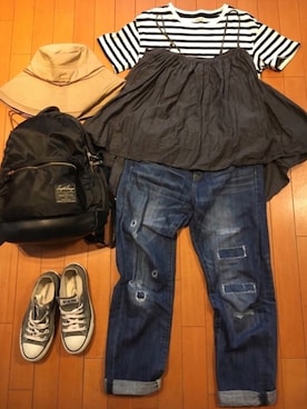 「フェリシモ（フェリシモ）のアイテム（帽子）」を使った、junjunさん（レディース・157cm）の夏コーディネート
