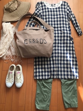 「フェリシモ（フェリシモ）のアイテム（帽子）」を使った、junjunさん（レディース・157cm）の夏コーディネート