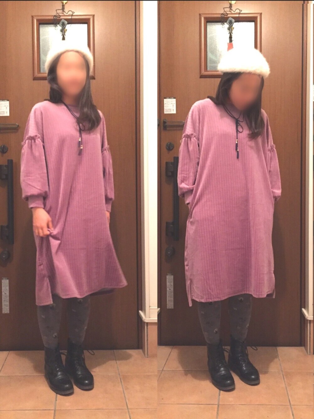 「梅田、ワンピース、パラビオン、ベロア、高校生、シンプル」｜「chambre de charmeのcdc　太ピッチニットコール　ふくれ袖ワンピース（ワンピース、パープル系）」を使った、胡椒さん（レディース・158cm）の冬コーディネートの1枚目の写真