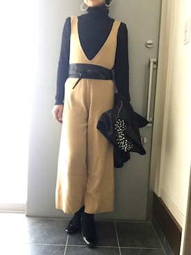「アイテム（つなぎ/オールインワン、ベージュ系）」を使った、サオルさん（レディース・153cm）の冬コーディネート