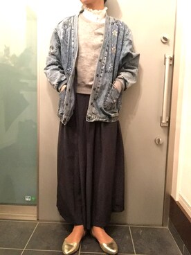 「スウエット」｜「アイテム（デニムジャケット）」を使った、サオルさん（レディース・153cm）の春コーディネート